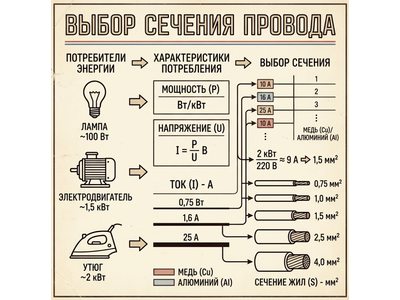 Как подобрать сечение провода по в зависимости от характеристик потребления устройства 