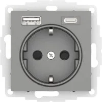 Розетка 1-м СП AtlasDesign 16А IP20 с 2-мя заряд. устройствами USB тип A+C механизм сталь SE