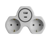 Разветвитель сетевой 2-местный с/з STEKKER ADP16-15-20, 250V, 16A и USB+Type C на 2.4А, белый/серый