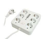Удлинитель 6-местный c/з 3x1 мм2, 3 м, 250В, 10А, 4USB+2Type-C 2,4А, серия Home plus, белый STEKKER HM09-66-02