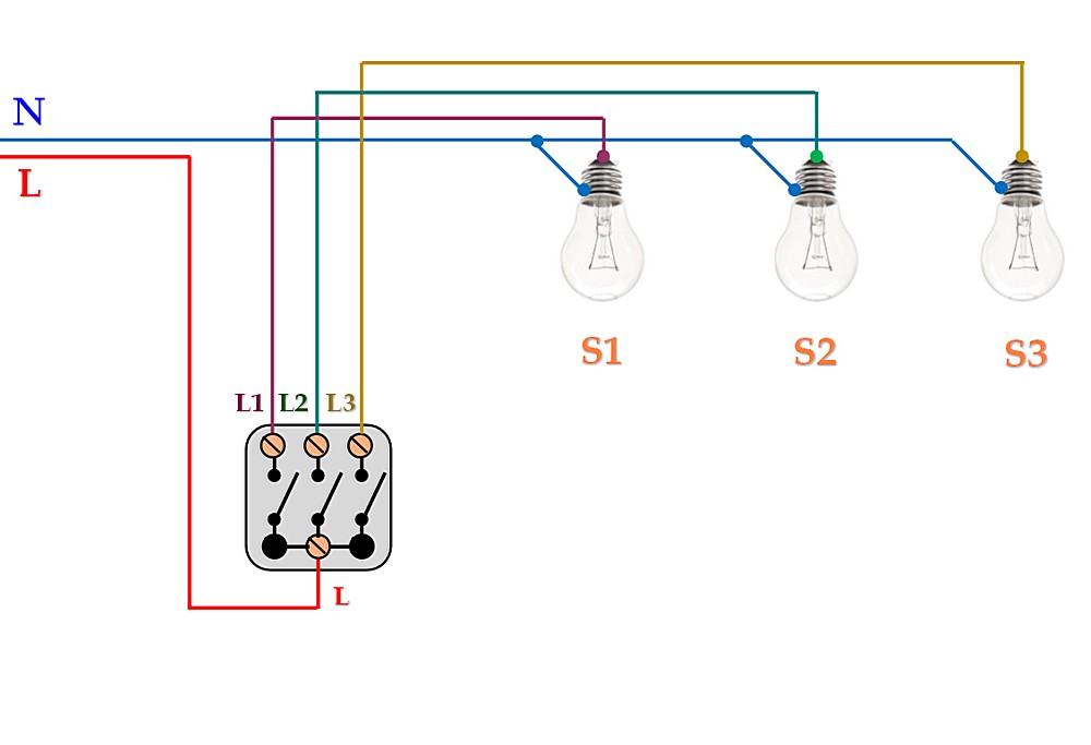 Как подключить одинарный выключатель. Подключени 3 клавишного выключатель. Схема подключения 3 клавишного выключателя света. Выключатель схема подключения 3 клавиш клавишный. Подключение 3х клавишного выключателя схема подключения.