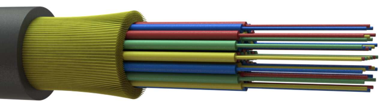 Полностью сухая конструкция содержит оптические волокна в буферном покрытии 900 мкм с упрочняющими арамидными нитями.